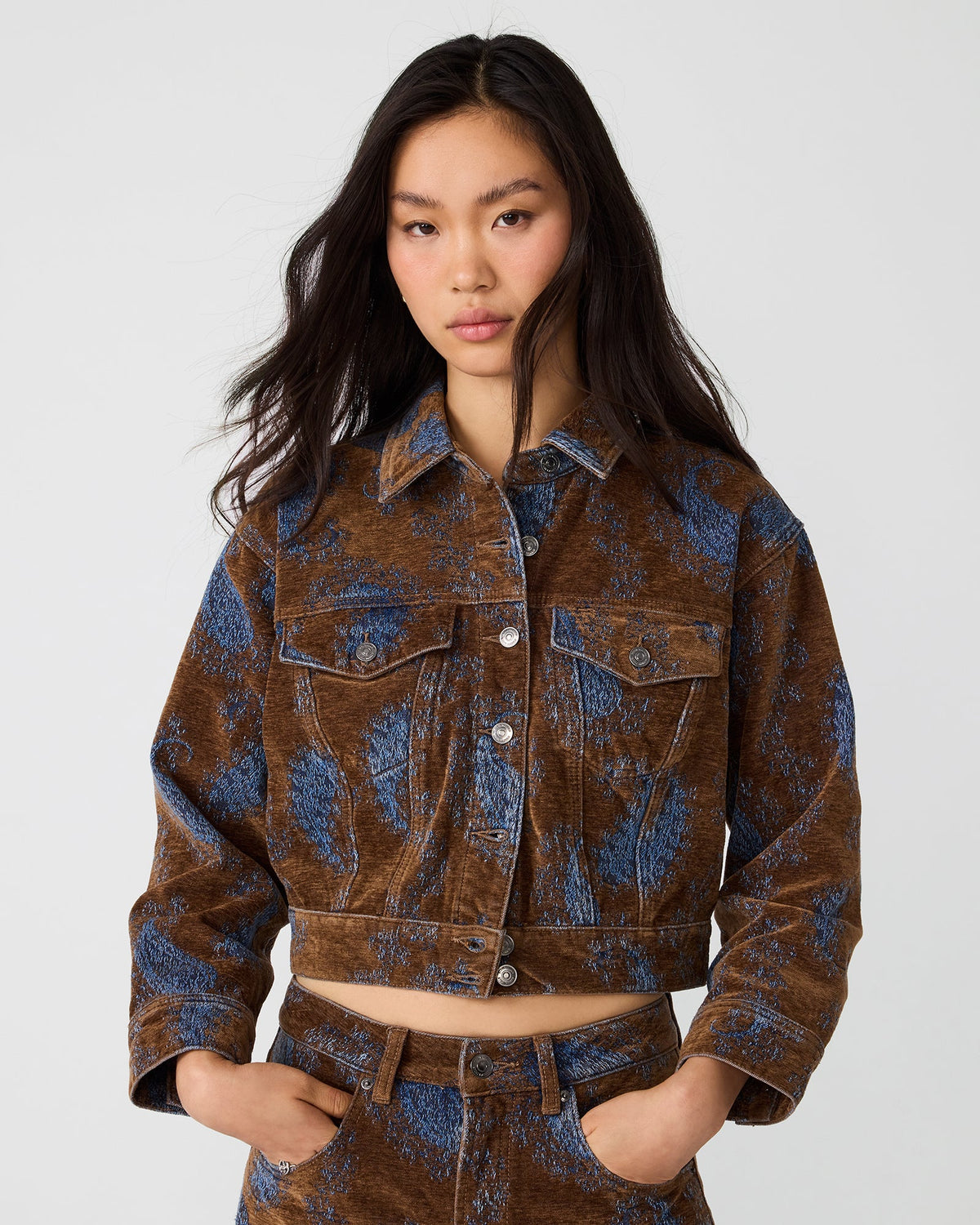 VESTE DOVE BLEU SARCELLE MOTIF CACHEMIRE
